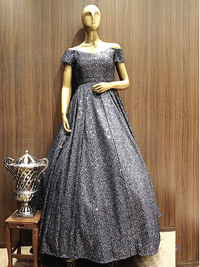 Flared Sequenced Metallic Lycra Gown with Off shoulder Neckline