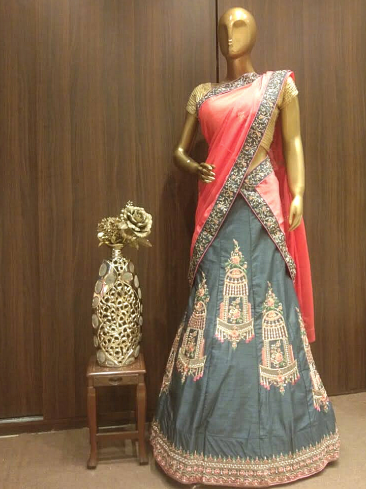 Grey Semi-Stitched Silk Lehenga Set with Contrast Crepe Dupatta & Resham Embroidery