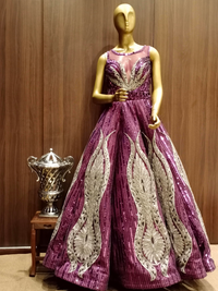 Deep Wine Sequence Hand Embellished Gown with Gold Zari Ethnic Motifs