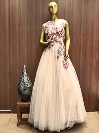 Nude Pink Flared Net Gown With Floral Multicolor Sequin Embroidery