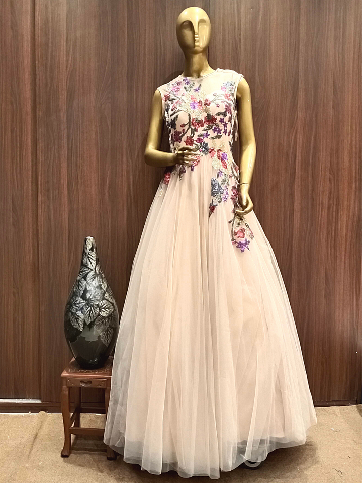 Nude Pink Flared Net Gown With Floral Multicolor Sequin Embroidery