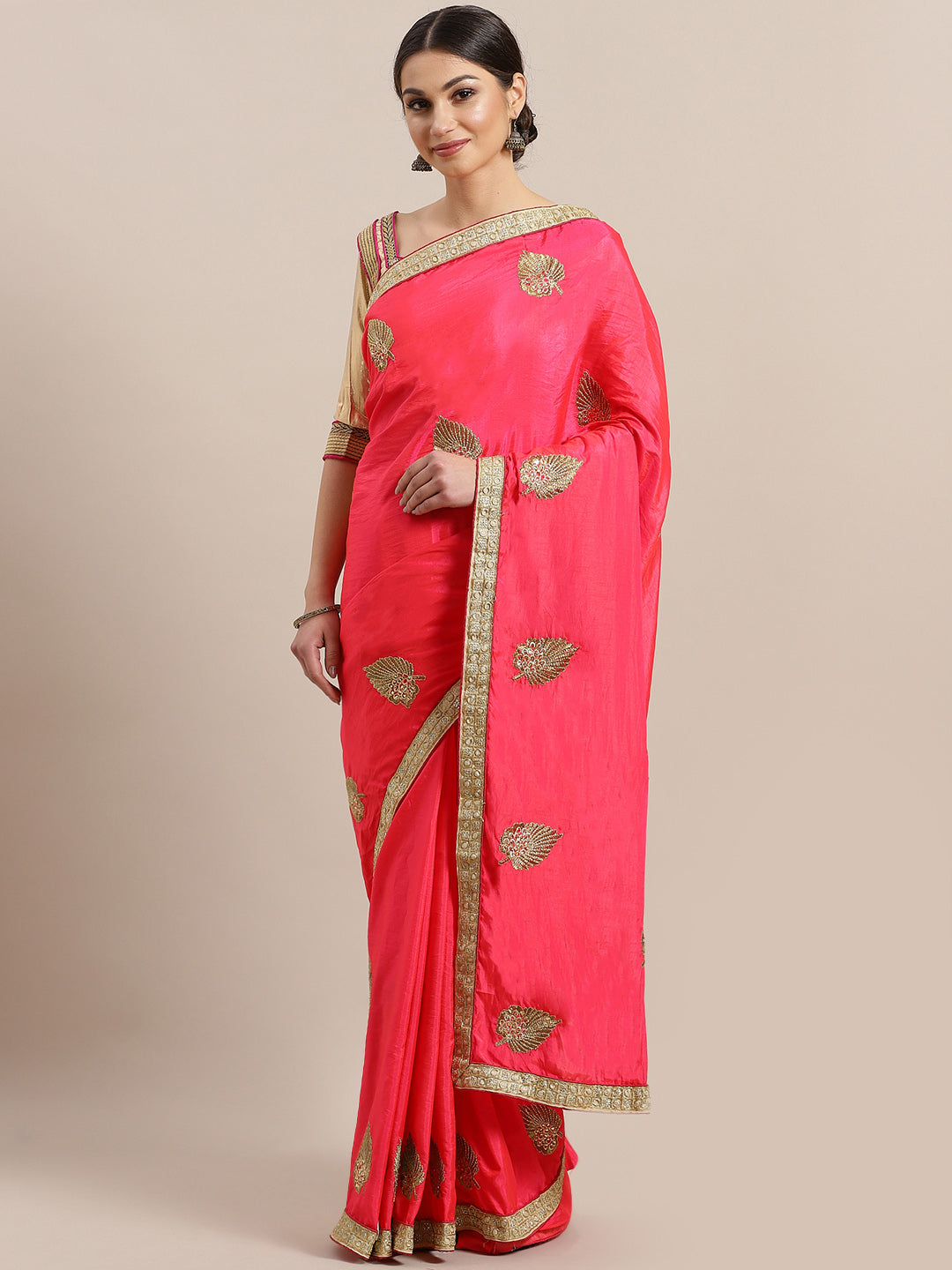 Chhabra 555 French SIlk Embroidered Saree with Golden Zari border and crystal embellishments