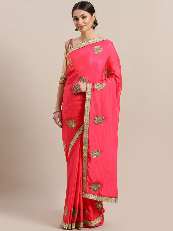 Chhabra 555 French SIlk Embroidered Saree with Golden Zari border and crystal embellishments