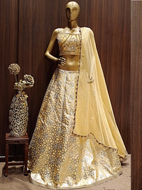 Yellow Benarasi Geometrical Pattern Lehenga Set With Mirror Work