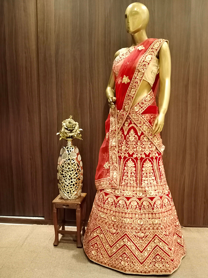 Heavy Stylised Semi-stitched Bridal Lehenga with Gold Zari Embroidery