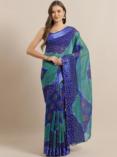 Chhabra 555 Blue Leheriya pattern Jute Cotton Silk Saree with Colorblocked Design and Satin Broad Border
