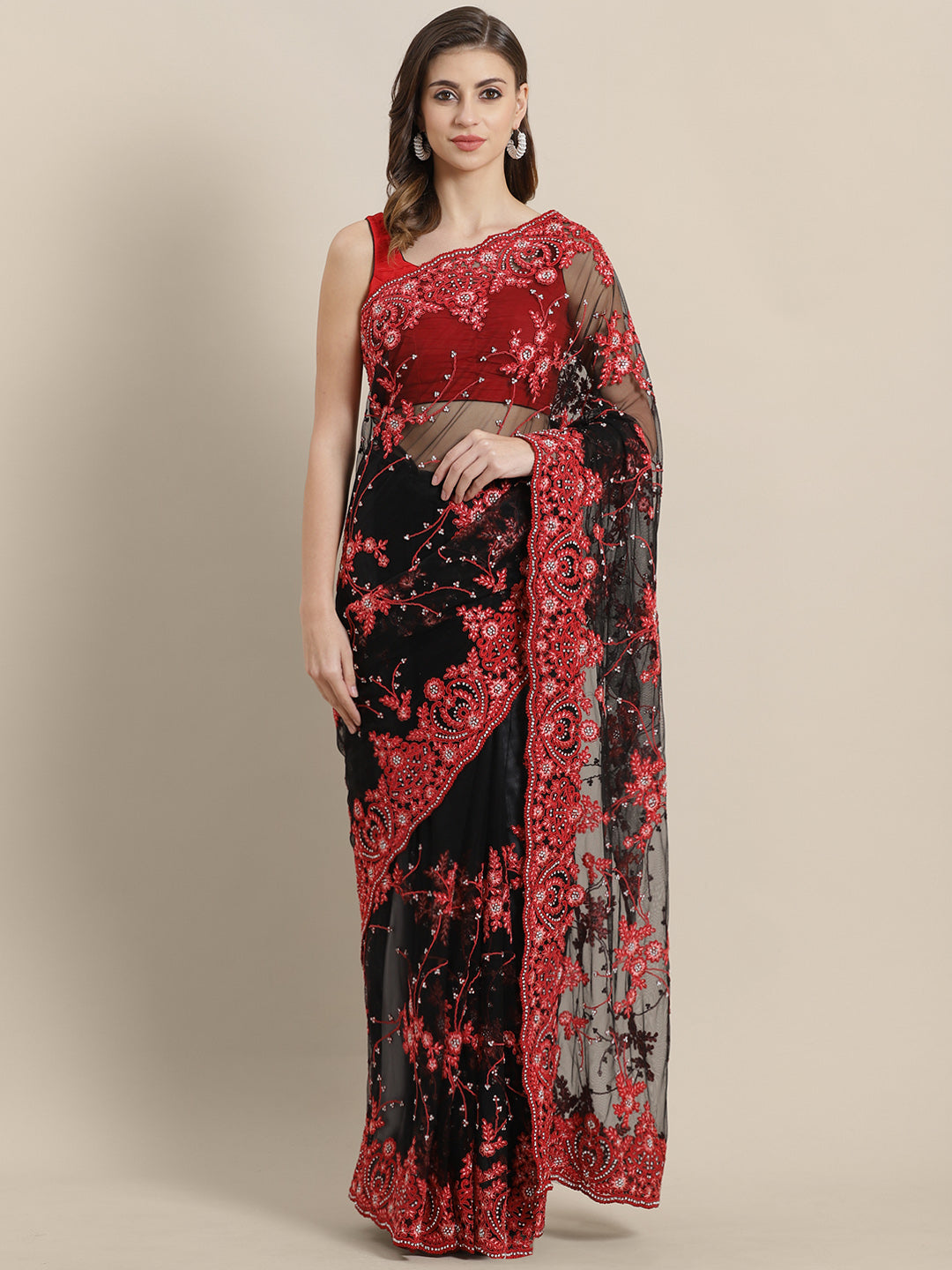 Chhabra 555 Net Embroidered Cocktail Saree with Heavy resham and crystal, pearl embellishments