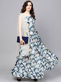 Chhabra 555 Blue Embellished Floral Print Dress with Belt, Dupatta and Cut-out keyhole pattern