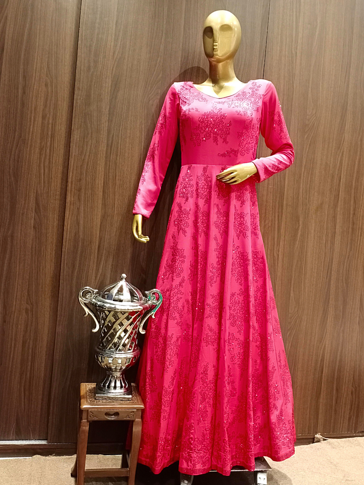 Fuchsia Pink Flared Crepe Gown with Tonal Swarovski Crystal Embellishments