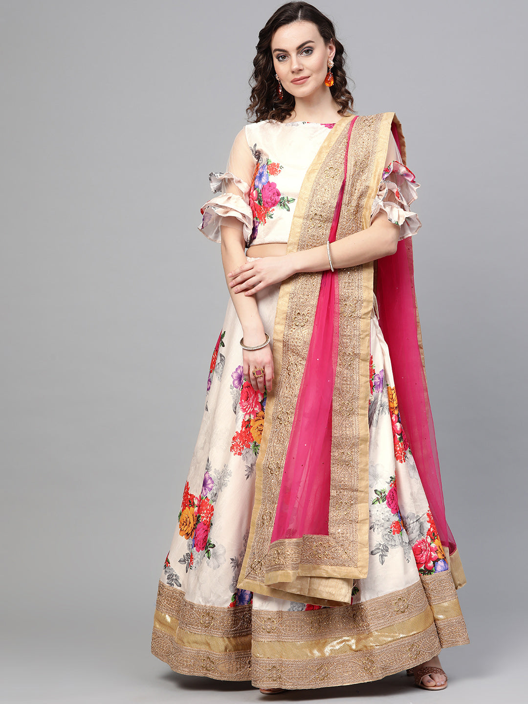 Chhabra 555 Cream Satin Silk Semi-stitched Digital Floral Print Lehenga Set with Heavy Zari Border