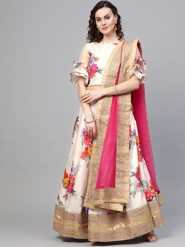 Chhabra 555 Cream Satin Silk Semi-stitched Digital Floral Print Lehenga Set with Heavy Zari Border