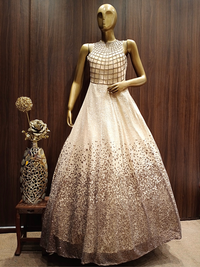 Metallic Beige Sequence Embellished Net Gown with Stylish Geometrical Pattern