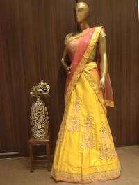 Yellow Semi-Stitched Silk Lehenga Set with Contrast Dupatta & Resham Embroidery