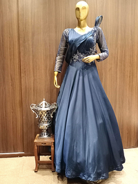 Deep Blue Crepe Silk Flared Gown With Pleating & Embroidered Sleeves