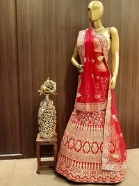 Heavy Ornate Semi-stitched Bridal Lehenga with Gold Zari & Zardozi Embroidery