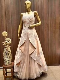 Rose Gold Structured Jacket Gown With Resham Embroidery & Stylised Hemline