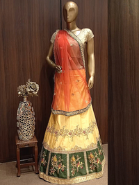 Beige Semi-Stitched Silk Lehenga with Broad Embroidered Border & Embellished Dupatta