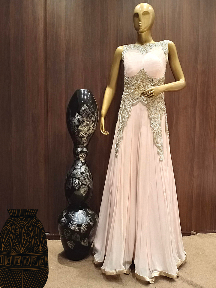Ivory Pink Flared Gown With Stylized Back and Metallic Gold, Silver Thread Embroidery