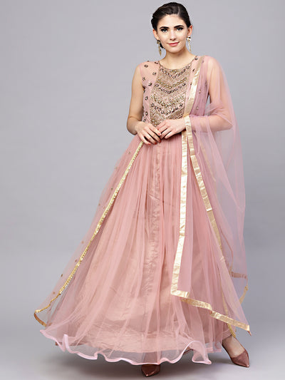 Chhabra 555 Made-to-measure Mauve Layered Gown with Crystal Zari Embroidery and Dupatta