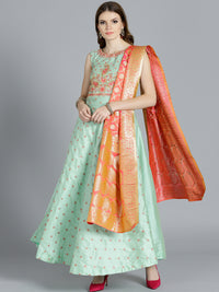 Chhabra 555 Beige Art Silk Hand Embroidered Kurta With Contrast Pink Banarasi Woven Pink Dupatta