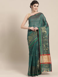 Chhabra 555 Banarasi Brocade Chanderi Silk saree with Zari weaving in a floral Peacock pattern 