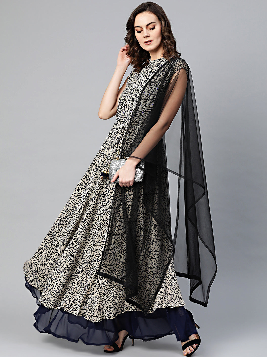 Chhabra 555 Beige Blue Printed Kurta Dress with Crystal embellishments, layered hemline, tassled belt, and contemporary tropical print