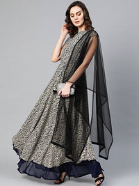 Chhabra 555 Beige Blue Printed Kurta Dress with Crystal embellishments, layered hemline, tassled belt, and contemporary tropical print