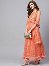 Chhabra 555 Made to Measure Peach Embroidered Dual-Flare Anarkali Suit with Pearl Embellishments