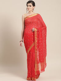 Chhabra 555 Chiffon Crystal Embellished Bandhej Saree with Gold Zari Peacock Motifs
