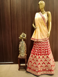 Heavy Ornate Semi-Stitched Bridal Lehenga with Gold Zari Embroidery and Contrast Embroidered Dupatta