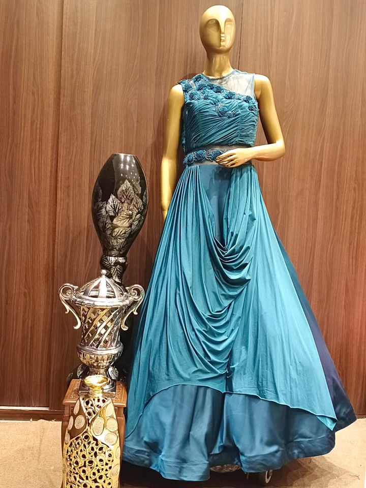 Midnight Blue Crepe Silk Flared Gown With Rushing and Metallic Pearl Embroidery