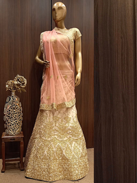 Rose Gold Semi-Stitched Silk Lehenga Set with Net Dupatta With Gold Aari Embroidery