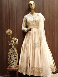 Beige Embellished Raw Silk Anarkali with Resham embroidery in Ethnic Pattern