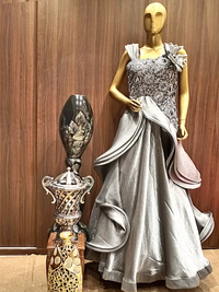 Grey Flared Cut work Gown With Ruffled Sleeves, Sequence & Oxidised Silver Zari Embroidery