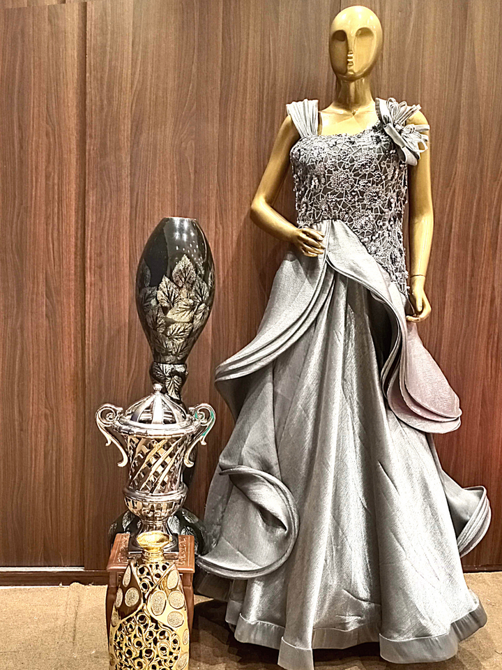 Grey Flared Cut work Gown With Ruffled Sleeves, Sequence & Oxidised Silver Zari Embroidery