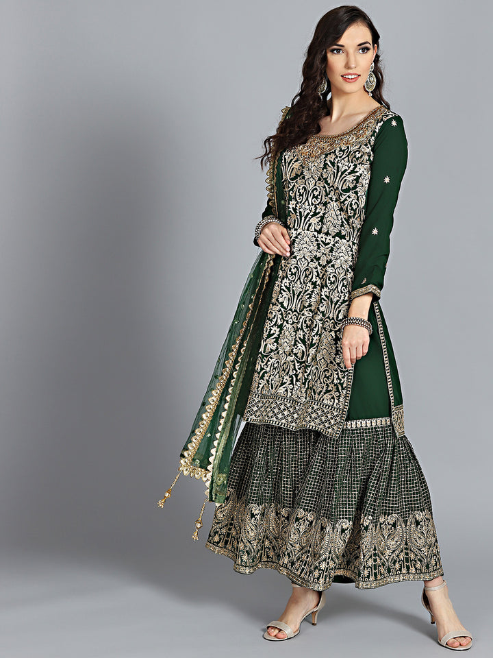 Chhabra 555 Made to Measure Green Embroidered with Zari and Zarkan Work Kurta With heavy Embroidery on neck with Heavy Embroidery Sharara and heavy Dupatta