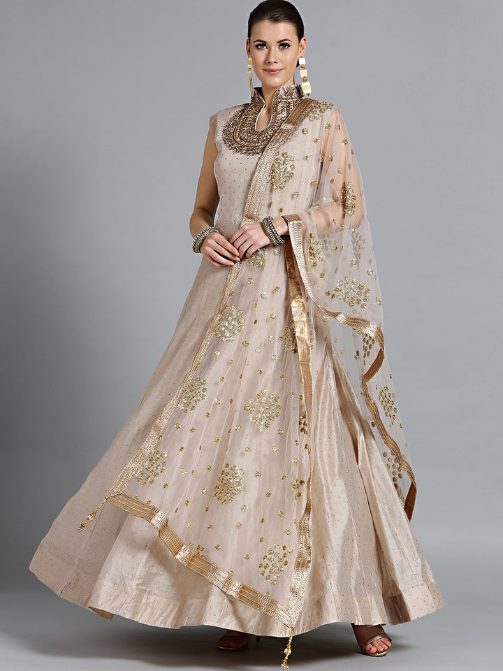 Chhabra 555 Made-to-Measure Gold Anarkali kurta set with Kundan, Sequin Embroidered dupatta