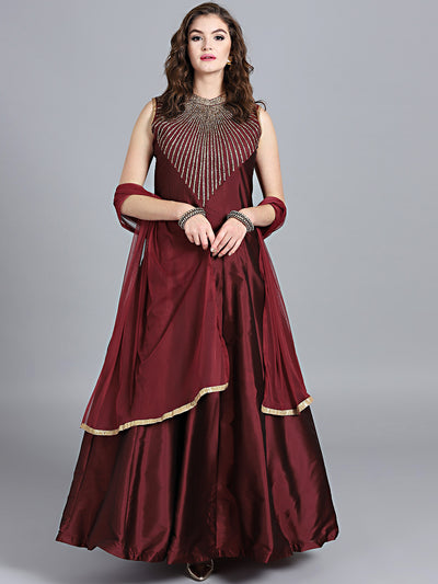 Chhabra 555 Maroon Art Silk Zircon Embriodered Embellished Stitched Gown With Net Dupatta