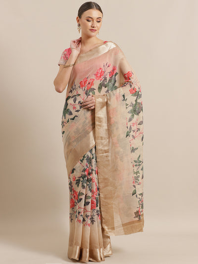 Chhabra 555 Beige Jute Cotton Silk saree with Floral Digital print and Satin Broad Border