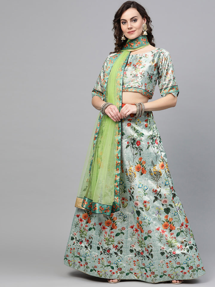 Chhabra 555 Satin Silk Semi-stitched Digital Print Lehenga Set with Multicolor floral Motifs