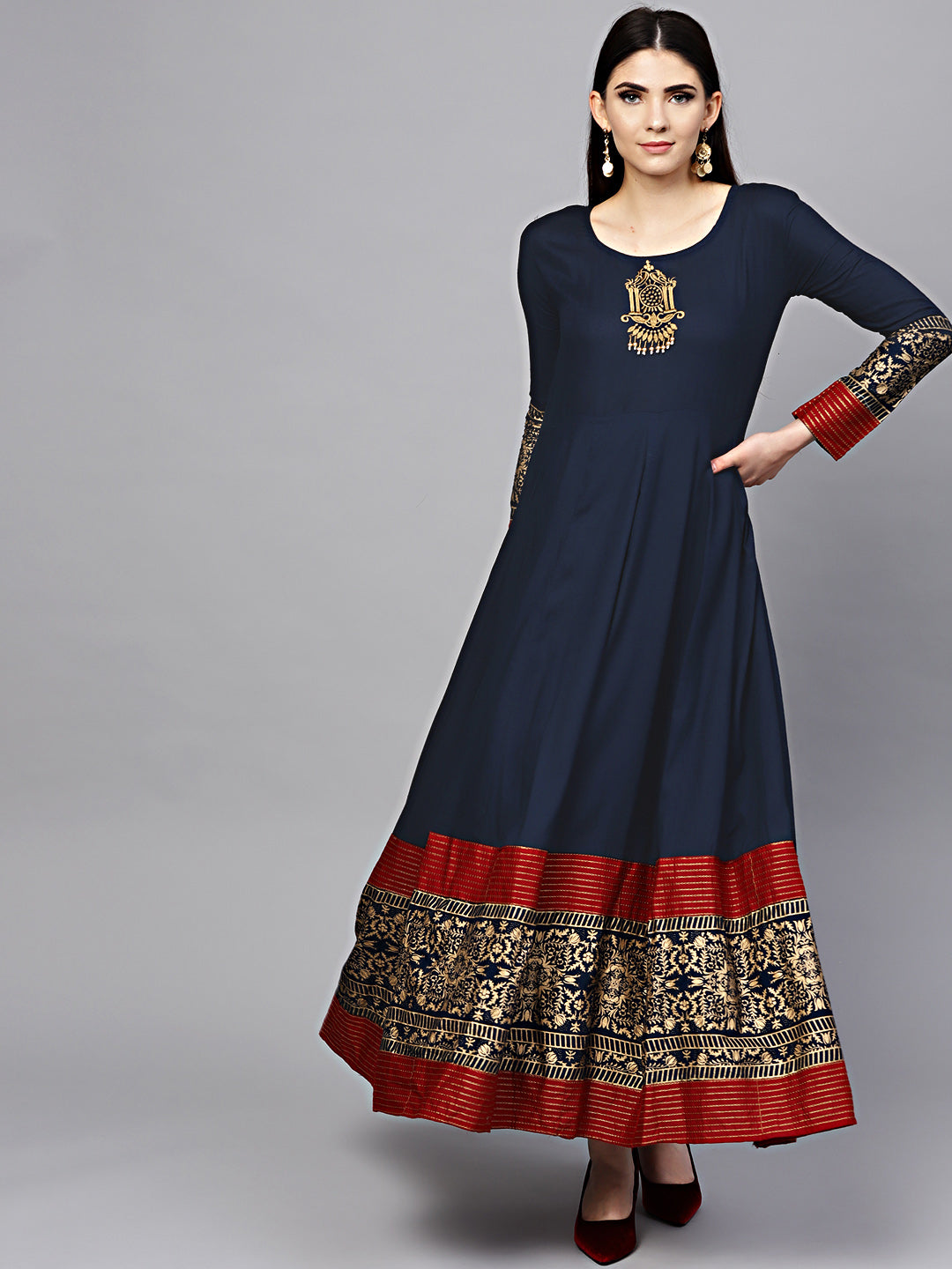 Chhabra 555 Cotton Foil Print Anarkali Flared Kurta Dress with Foil Print and Embellishments