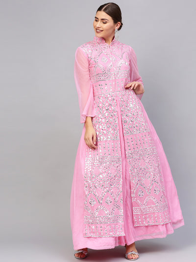 Chhabra 555 Made to Measure Floor length Pink Layered Cocktail Gown with Chikankari and Gota embroidery