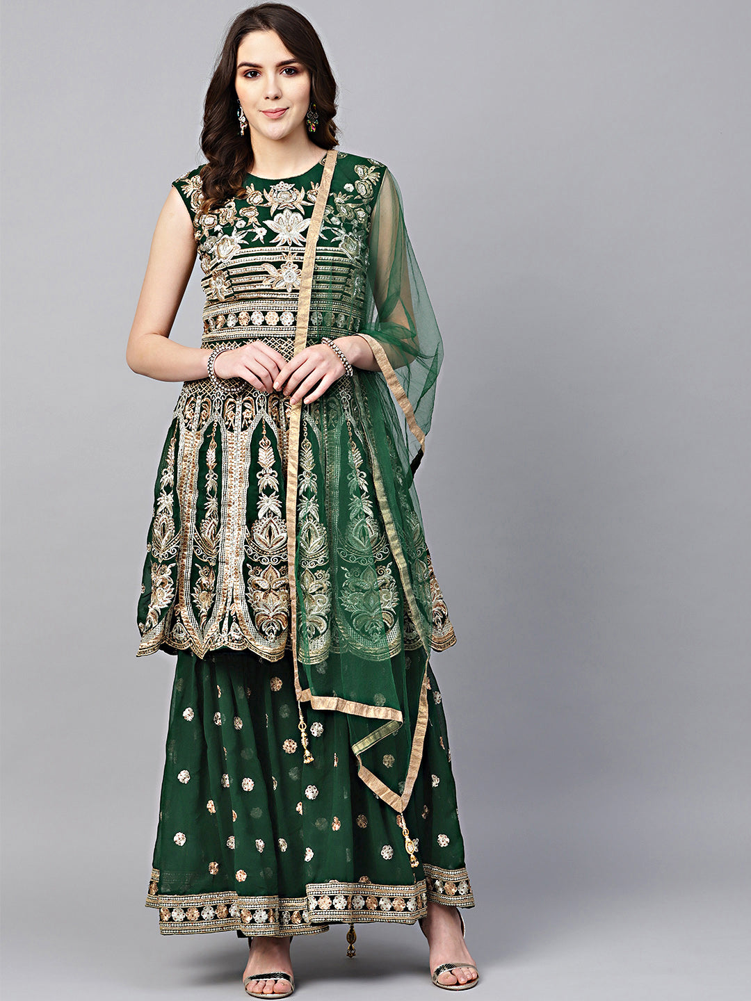 Chhabra 555 Made to Measure Peplum style Embellished Kurta with Embroidered Sharara Set