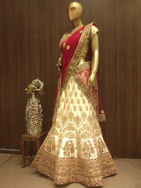 Beige Semi-Stitched Silk Lehenga with Heavy Gold Zari Embroidery & Velvet Blouse