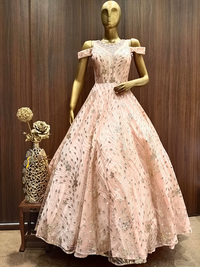 Rose Gold Pink Embellished Net Gown with Stylised Neckline & Hand Sequence Embroidery