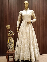 Beige Raw Silk Anarkali Gown With Gold,Resham Embroidery & Stylised Back