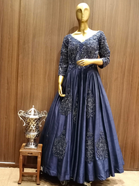 Blue Scalloped Neckline Raw Silk Gown With Metallic Cut Dana,Oxidised Hand Embroidery