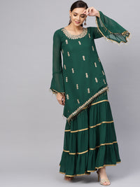 Chhabra 555 Made to Measure Green Kurta Sharara Set with Floral Zari Kundan Embroidery