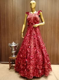 Maroon Embellished Net Gown with Pleating Ruching Neckline & Hand Sequence Embroidery