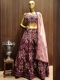 Wine Raw Silk Lehenga Set With Mirror Work, Sequence, Resham Embroidery